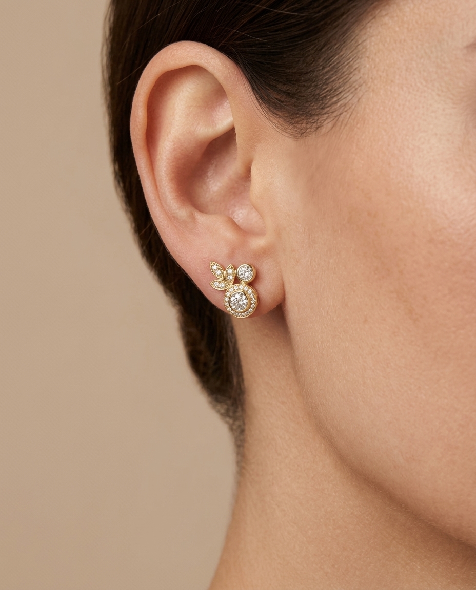 14KT Yellow Gold Rose Cut Diamonds Earring on model