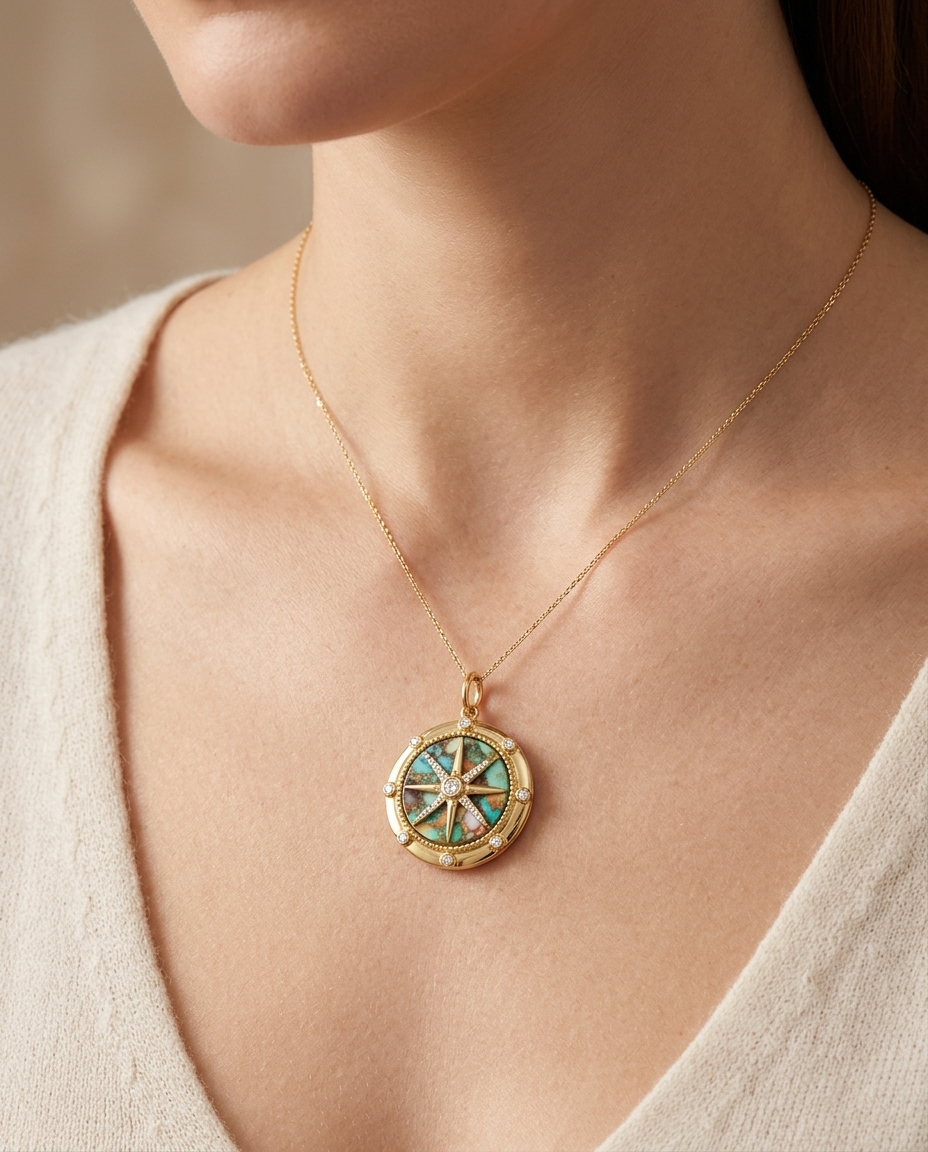 14KT Yellow Gold Oyster Turquoise Compass Pendant with Diamonds view 2