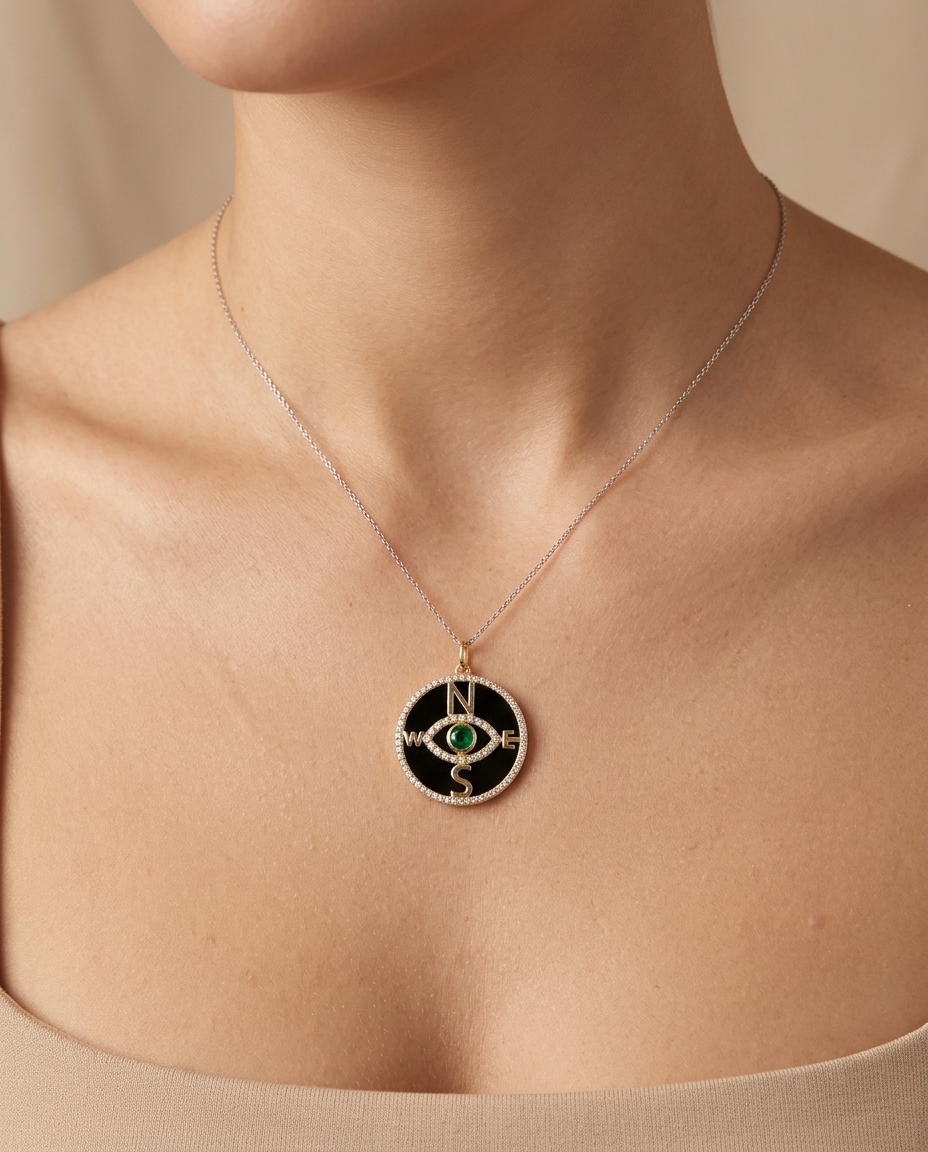 14KT Yellow Gold Black Onyx and Emerald Compass Pendant with Diamonds on model