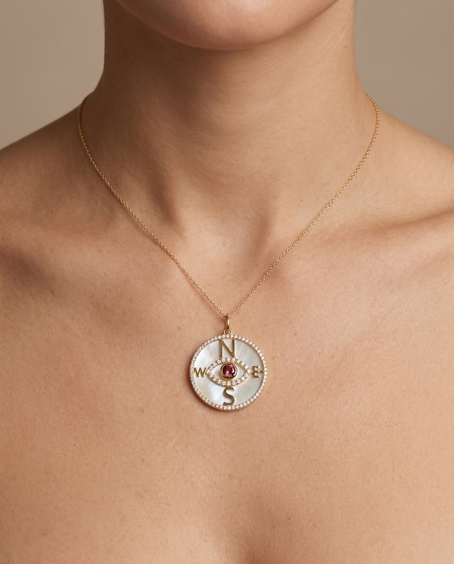 14KT Yellow Gold Mother of Pearl and Tourmaline Evil Eye Compass Pendant with Diamonds view 2