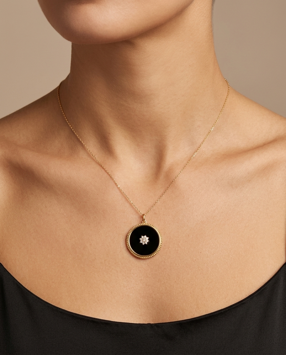 14KT Yellow Gold Black Onyx Pendant with Flower Diamonds view 2