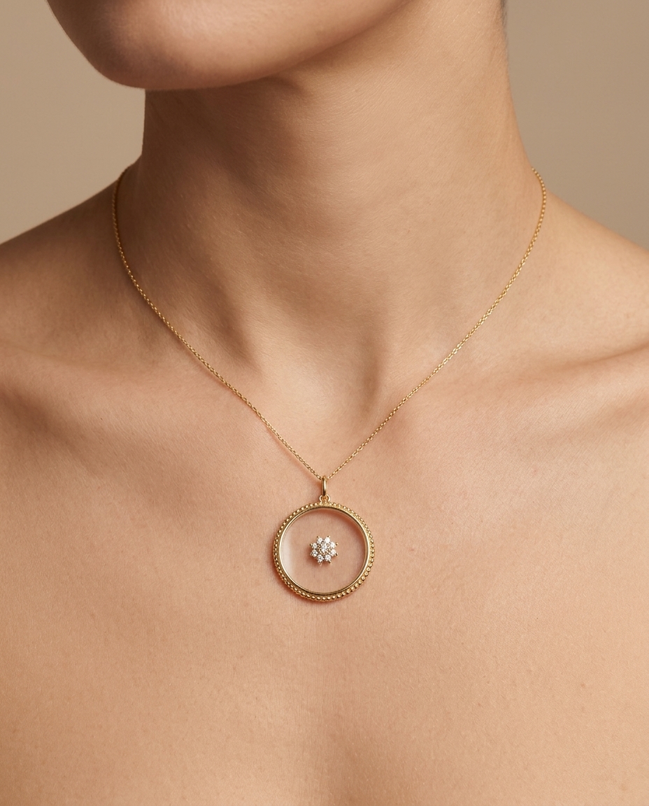 14KT Yellow Gold Clear Quartz Pendant with Flower Diamonds on model
