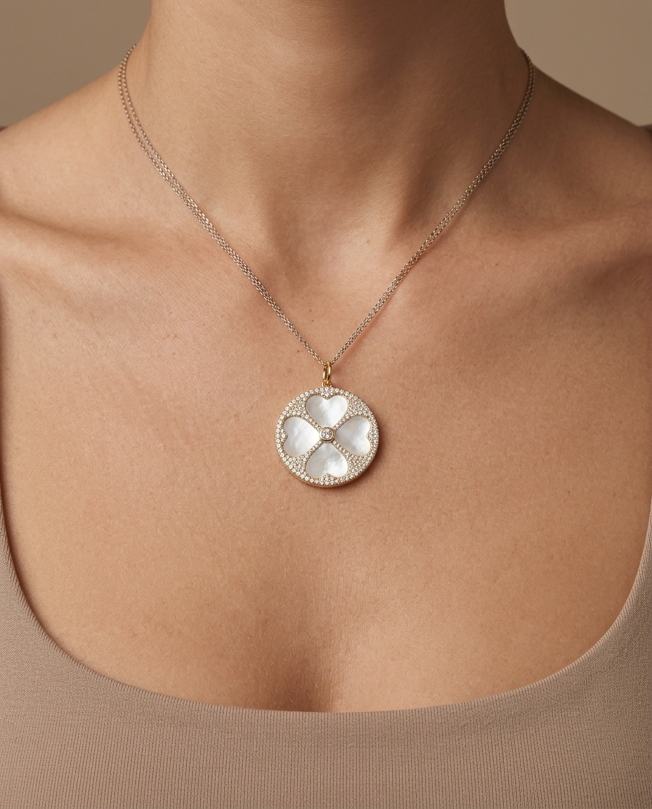 14KT Yellow Gold Mother of Pearl Clover Pendant with Diamonds on model