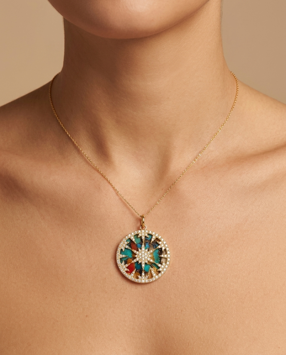 14KT Yellow Gold Oyster Turquoise and Diamond Starbust Pendant on model