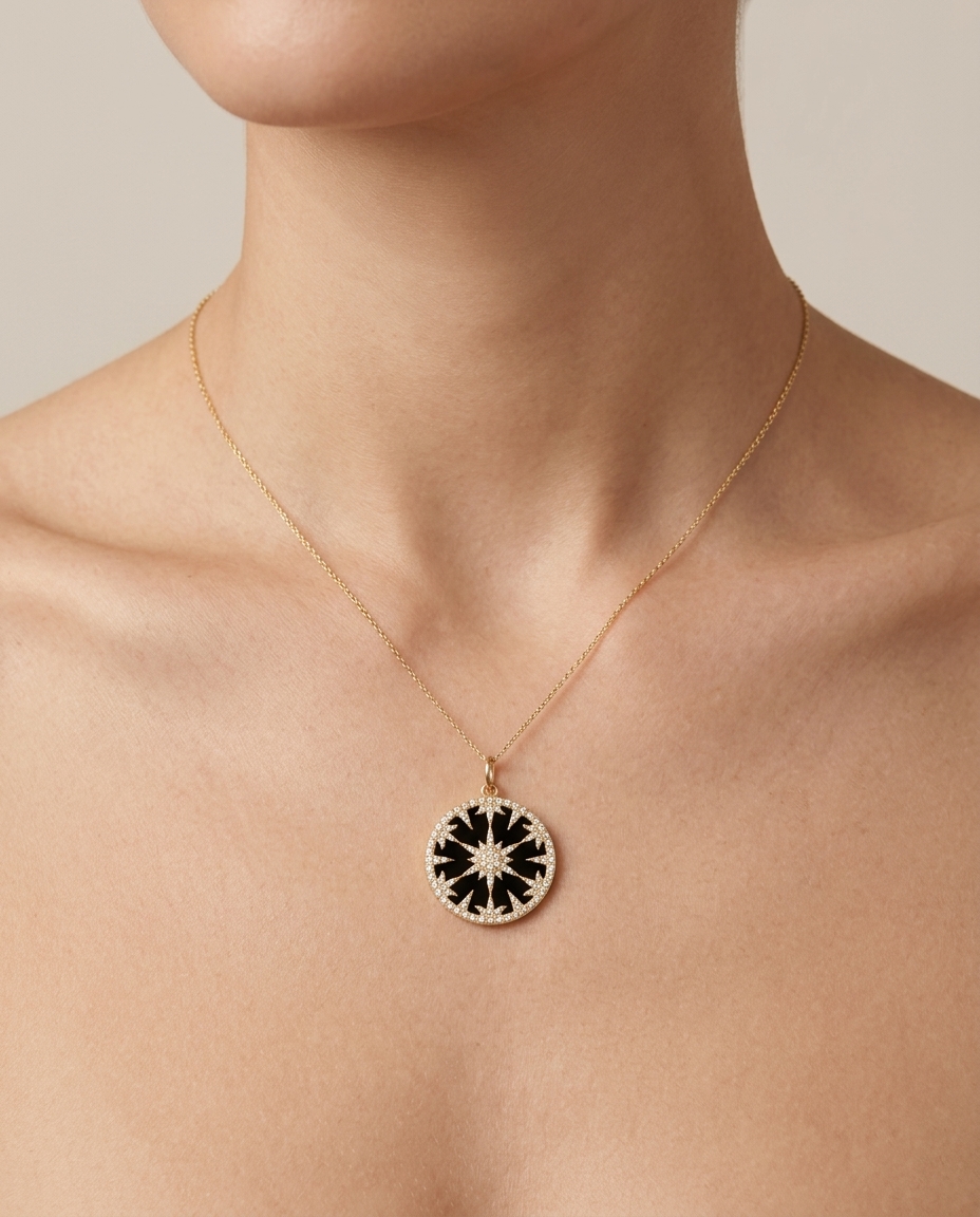 14KT Yellow Gold Black Onyx and Diamond Starbust Pendant view 2