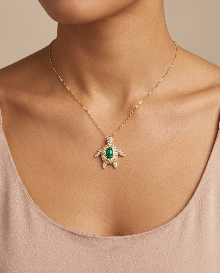 14KT Yellow Gold Malachite and Diamonds Turtle Pendant on model