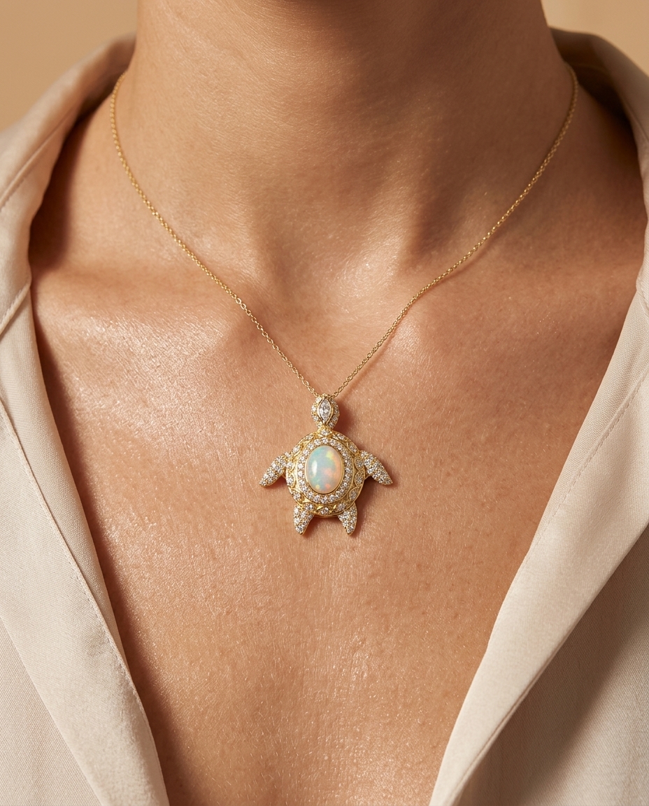 14KT Yellow Gold Opal and Diamonds Turtle Pendant on model