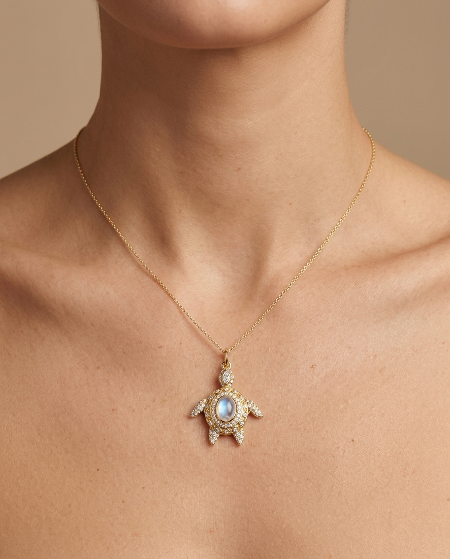 14KT Yellow Gold Rainbow Moon Stoneand Diamonds Turtle Pendant on model
