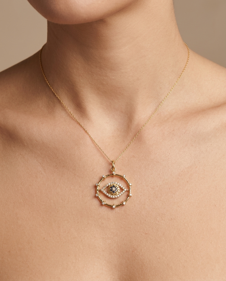 14KT Yellow Gold Clear Quartz and Sapphire Evil Eye Pendant with Diamonds view 2