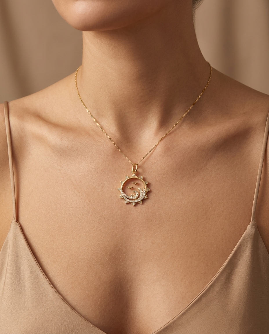 14KT Gold Diamond and Clear Quartz Pendant on model