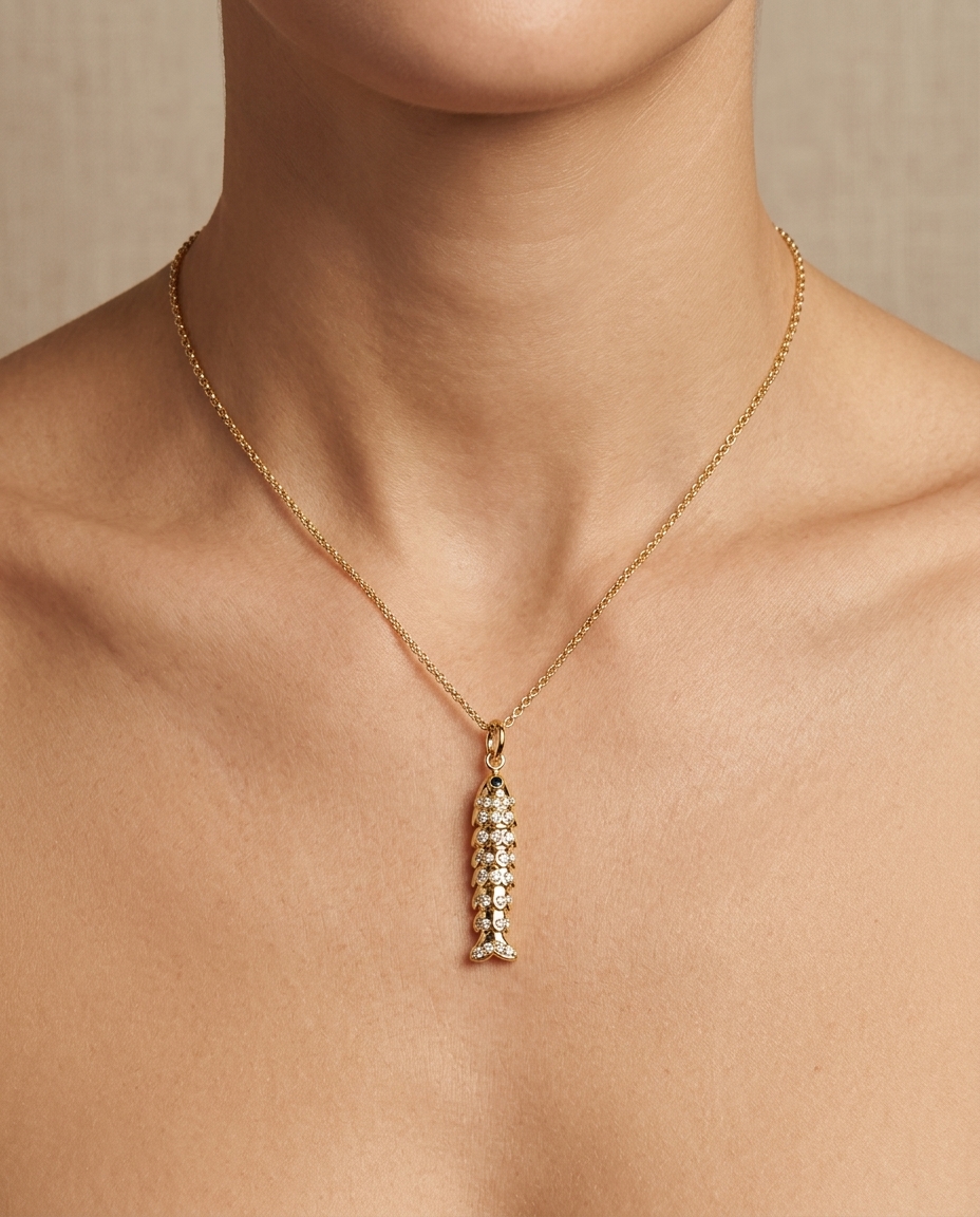 14KT Gold Diamond Fish Shape Pendant on model