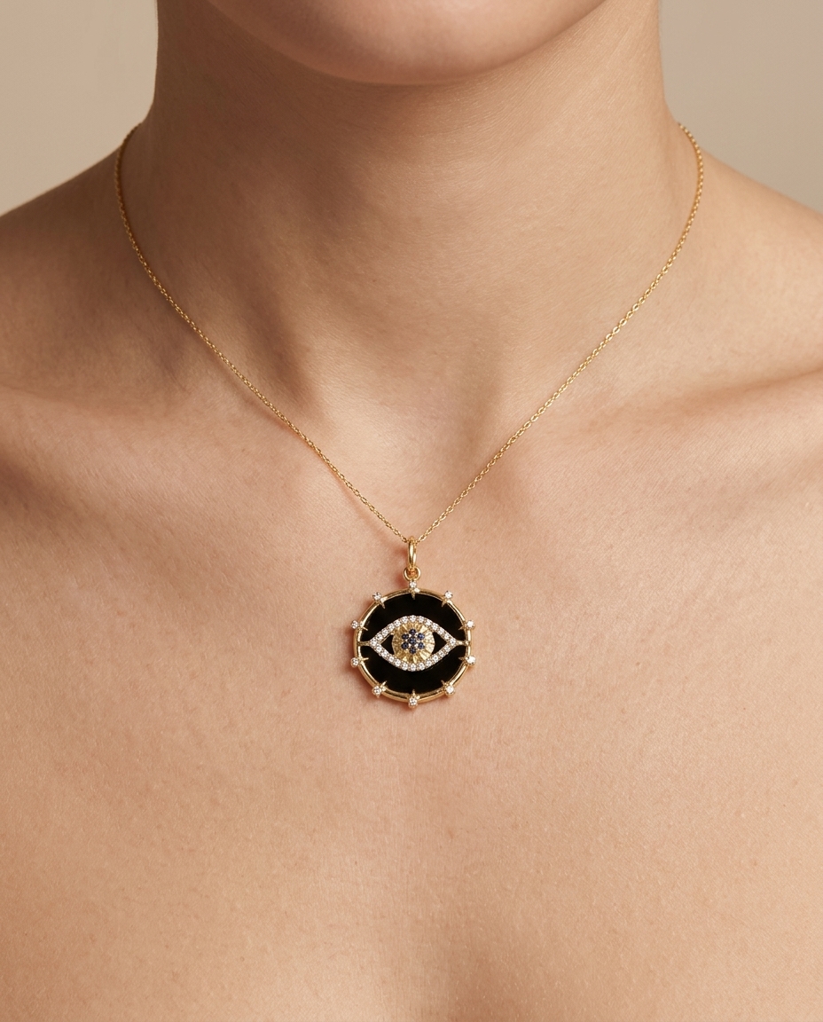 14KT Yellow Gold Black Onyx and Sapphire Evil Eye Pendant with Diamonds on model
