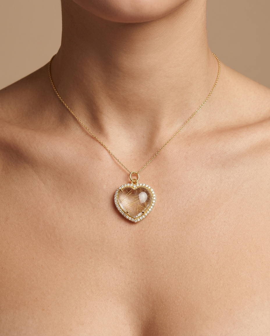14KT Gold Diamonds and Golden Rutilate Heart Shape Pendant view 2