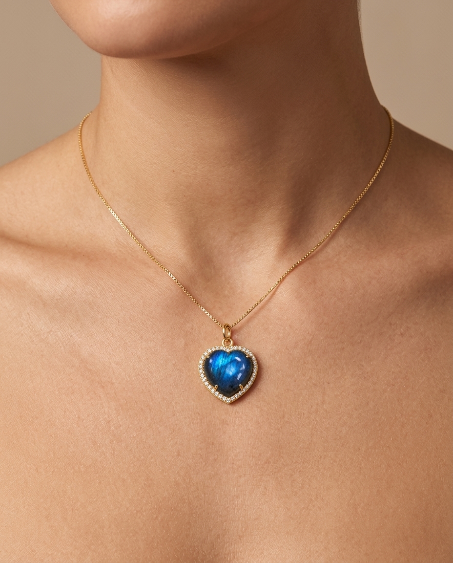 14KT Gold Diamonds and Labradorite Heart Shape Pendant view 2