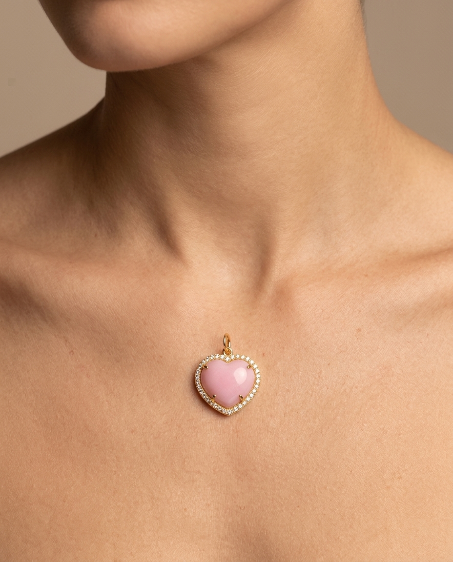 14KT Gold Diamonds and Pink Opal Heart Shape Pendant on model