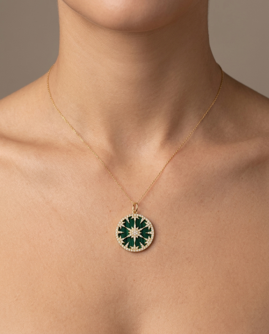 14KT Yellow Gold Malachite and Diamond Starbust Pendant on model
