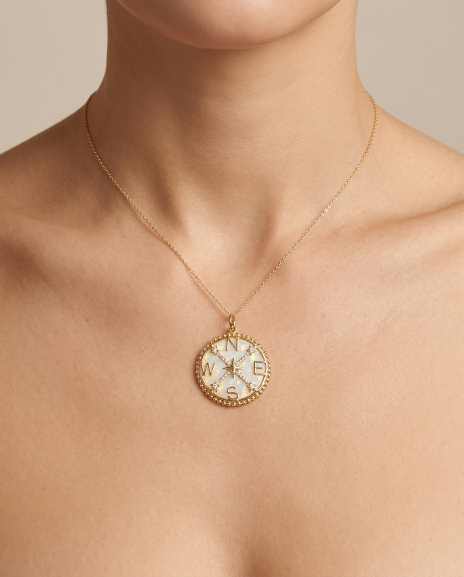 14KT Yellow Gold Opal and Diamond Compass Pendant view 2