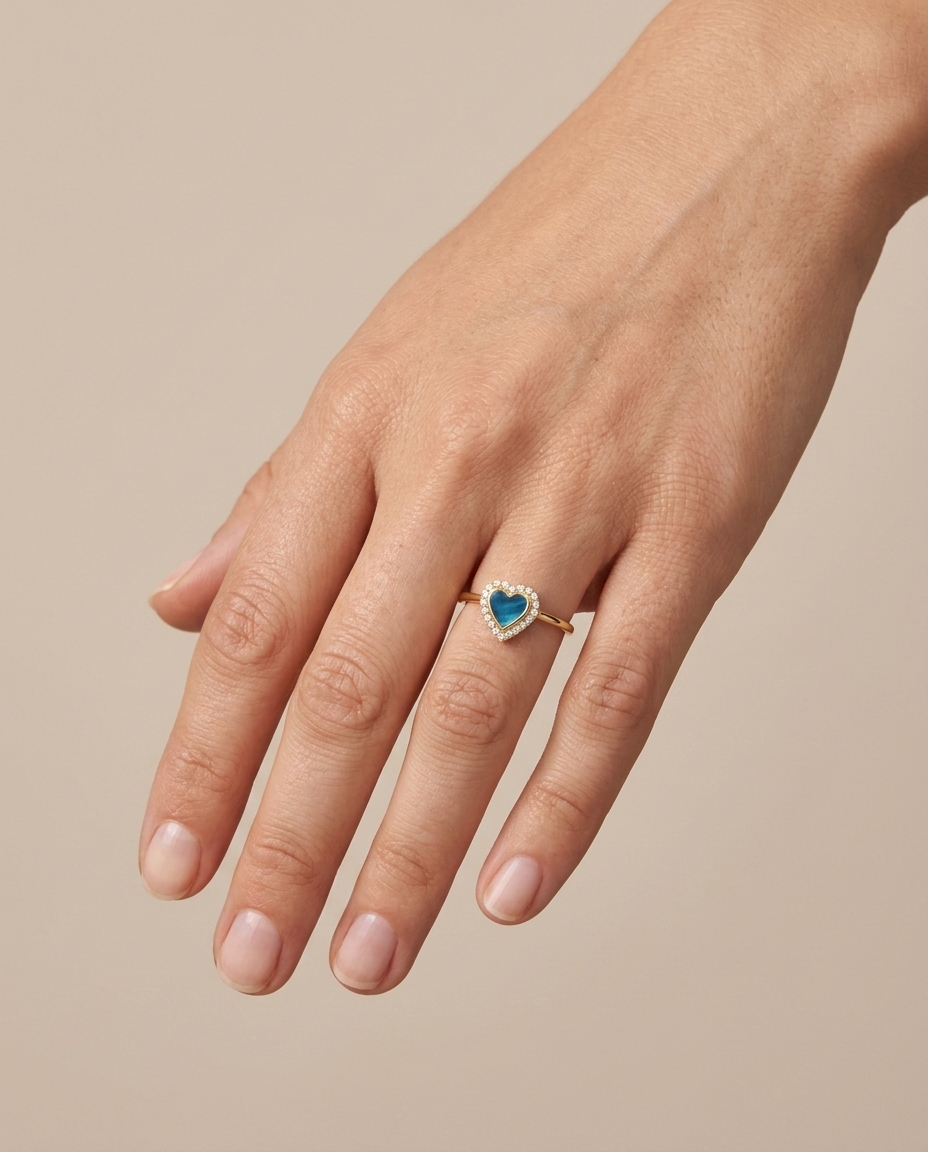 14KT Yellow Gold Malachite Heart Ring with Diamonds on model