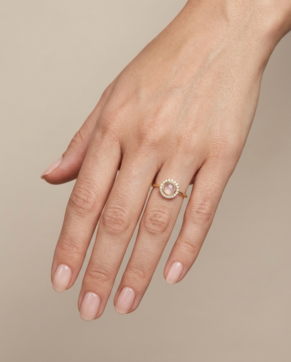 14KT Yellow Gold Pink Opal Ring with Diamonds on model