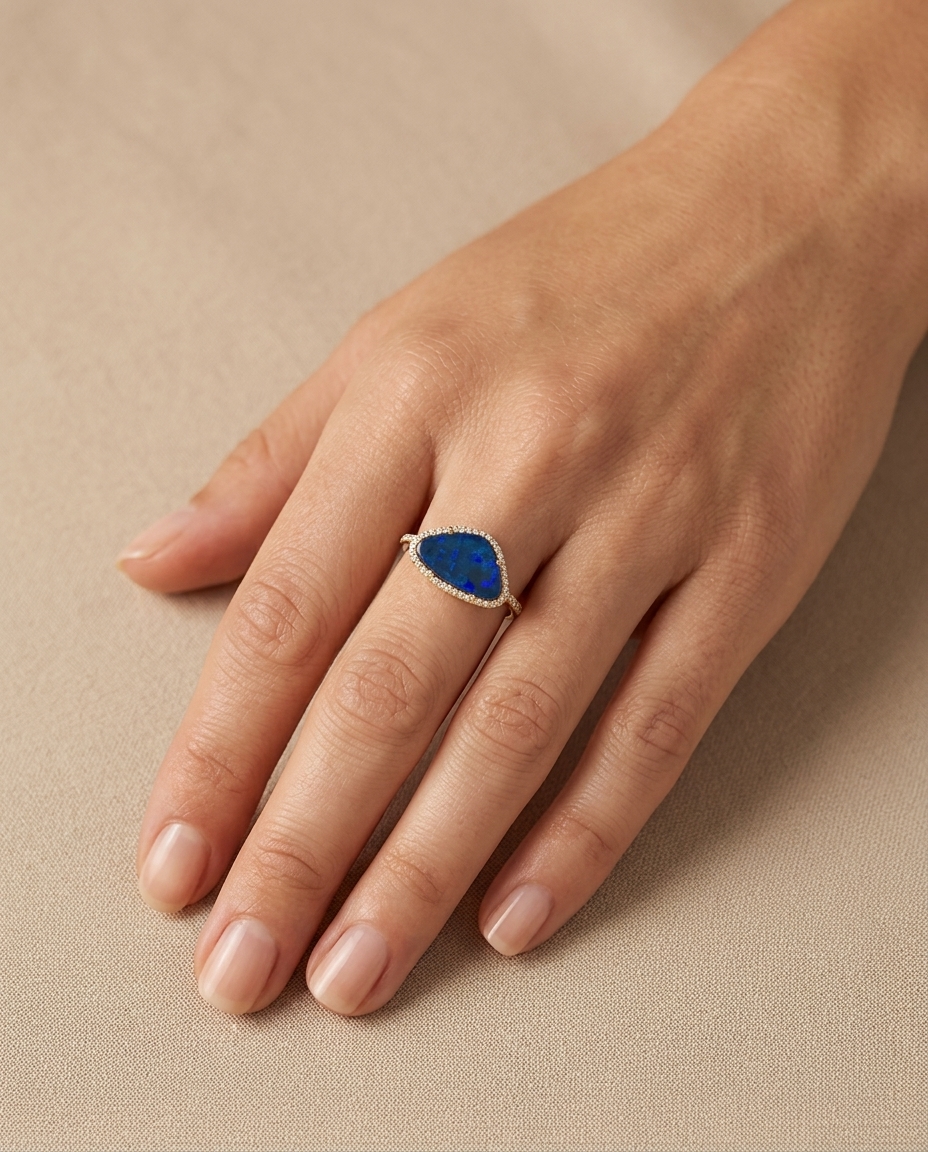 14KT Yellow Gold Opal and Diamond Ring on model