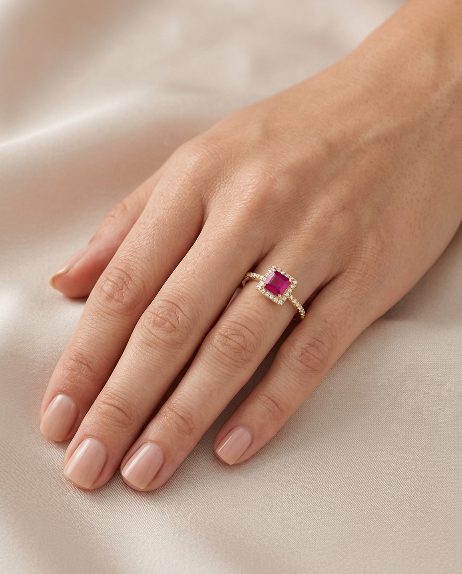 14KT Yellow Gold Ruby and Diamonds Ring on model
