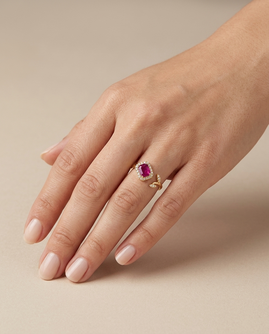 14KT Yellow Gold Ruby and Diamonds Ring on model
