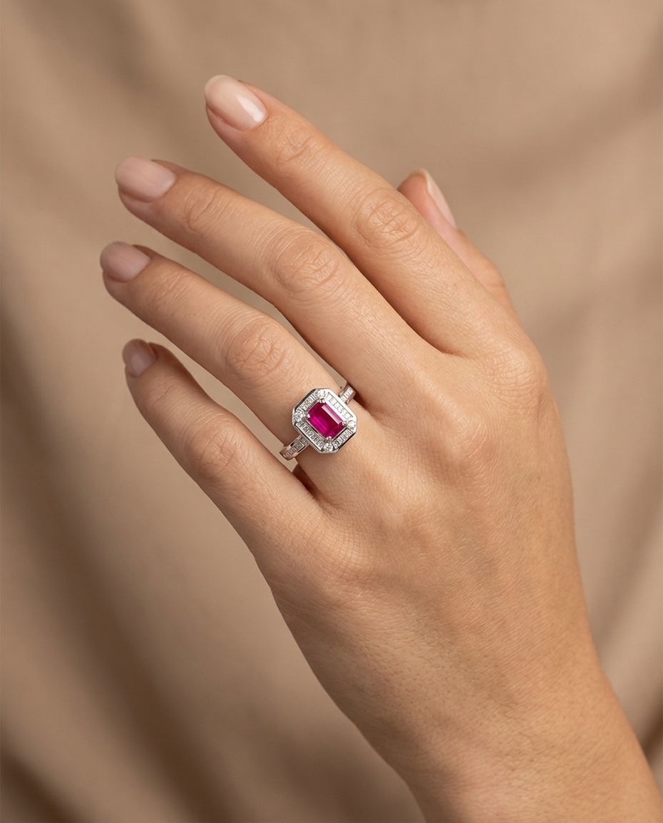 14KT White Gold Ruby and Diamonds Ring view 2