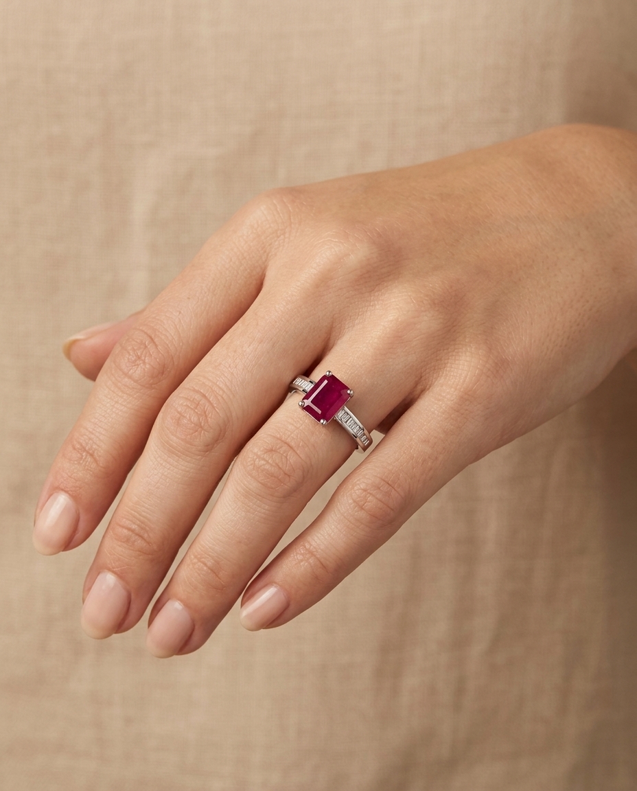 14KT White Gold Ruby and Diamonds Ring on model