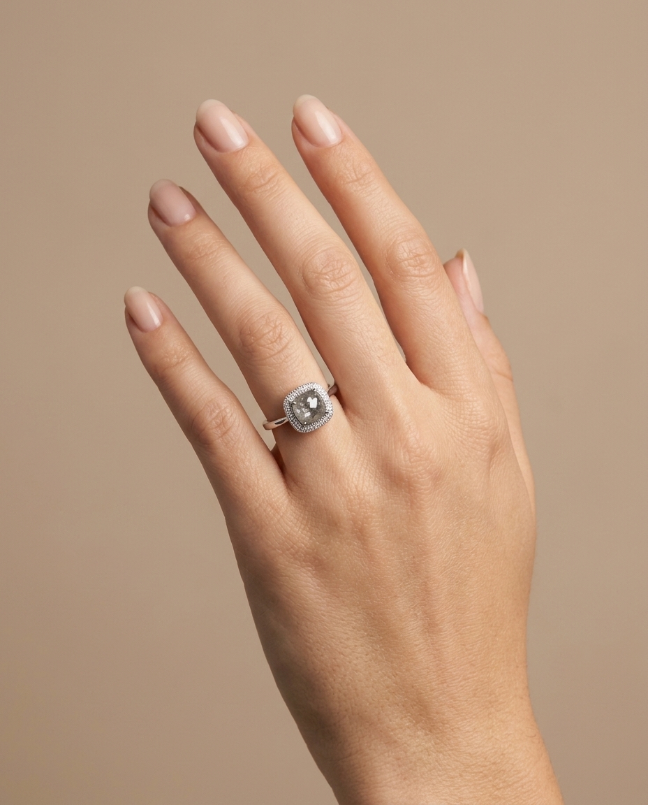 14KT White Gold Fancy Diamond Ring on model