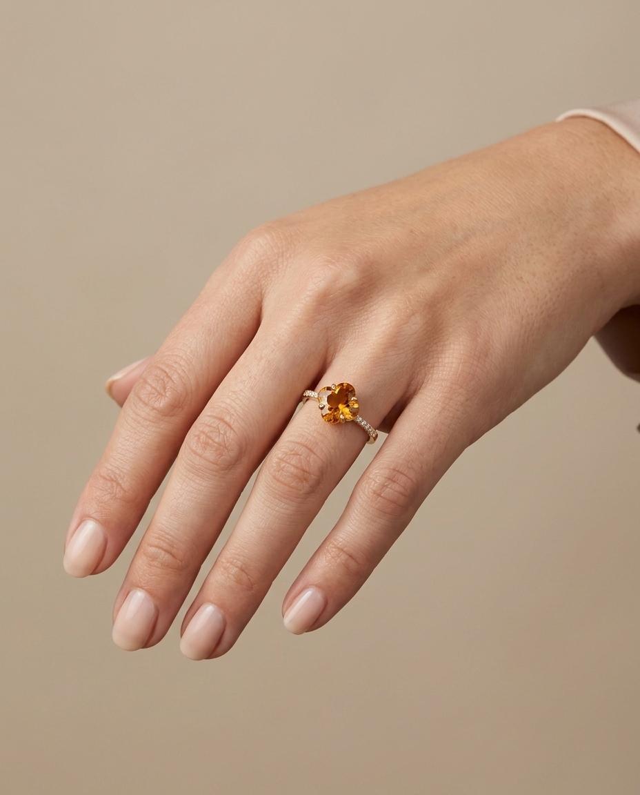 14KT Yellow Gold Citrine and Diamonds Ring on model