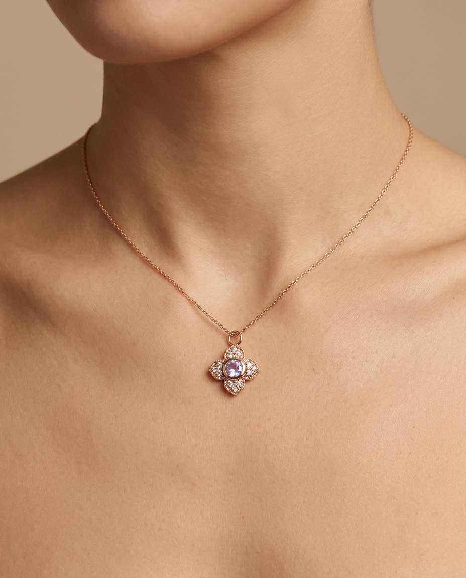 14KT Gold Clover Pendant on model