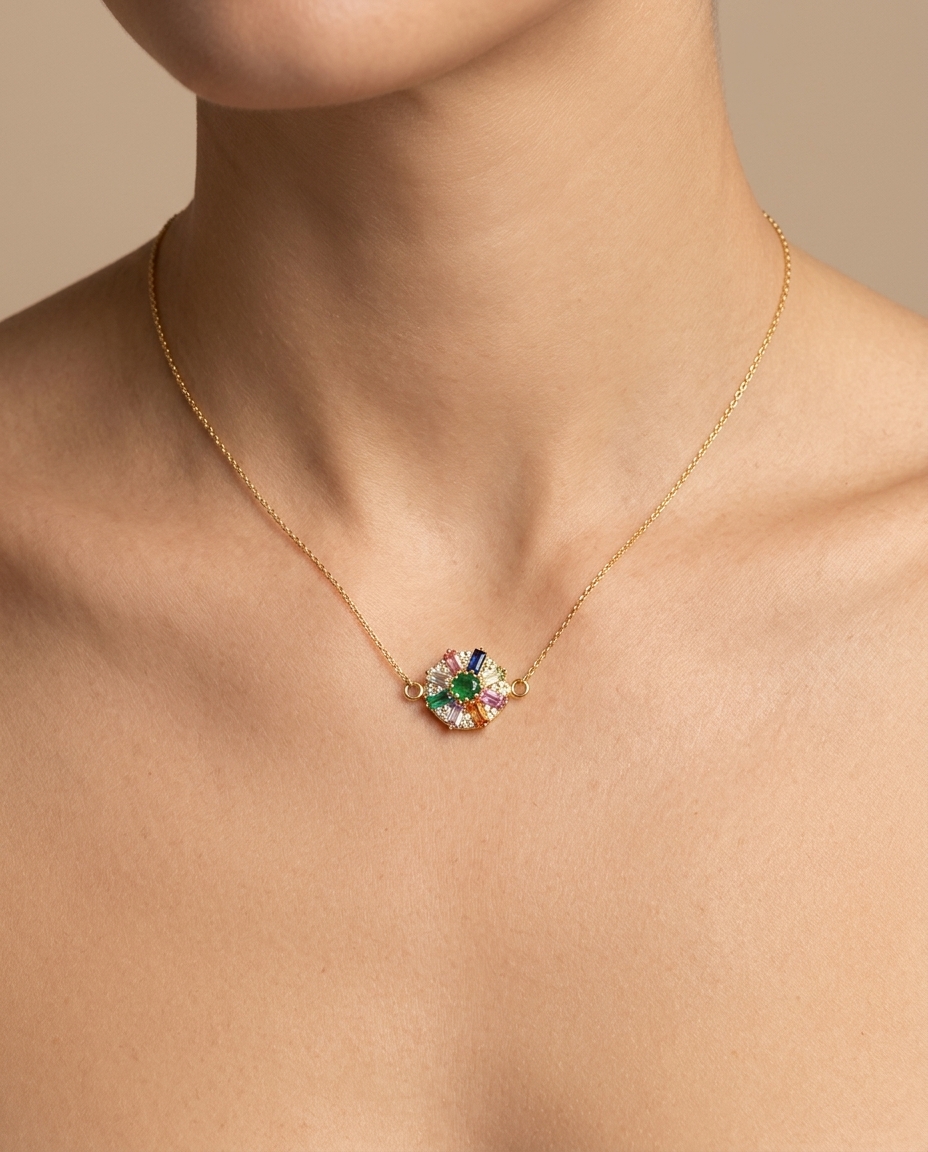 14KT Yellow Gold Emerald Multi Sapphire Flower Pendant with Diamonds on model
