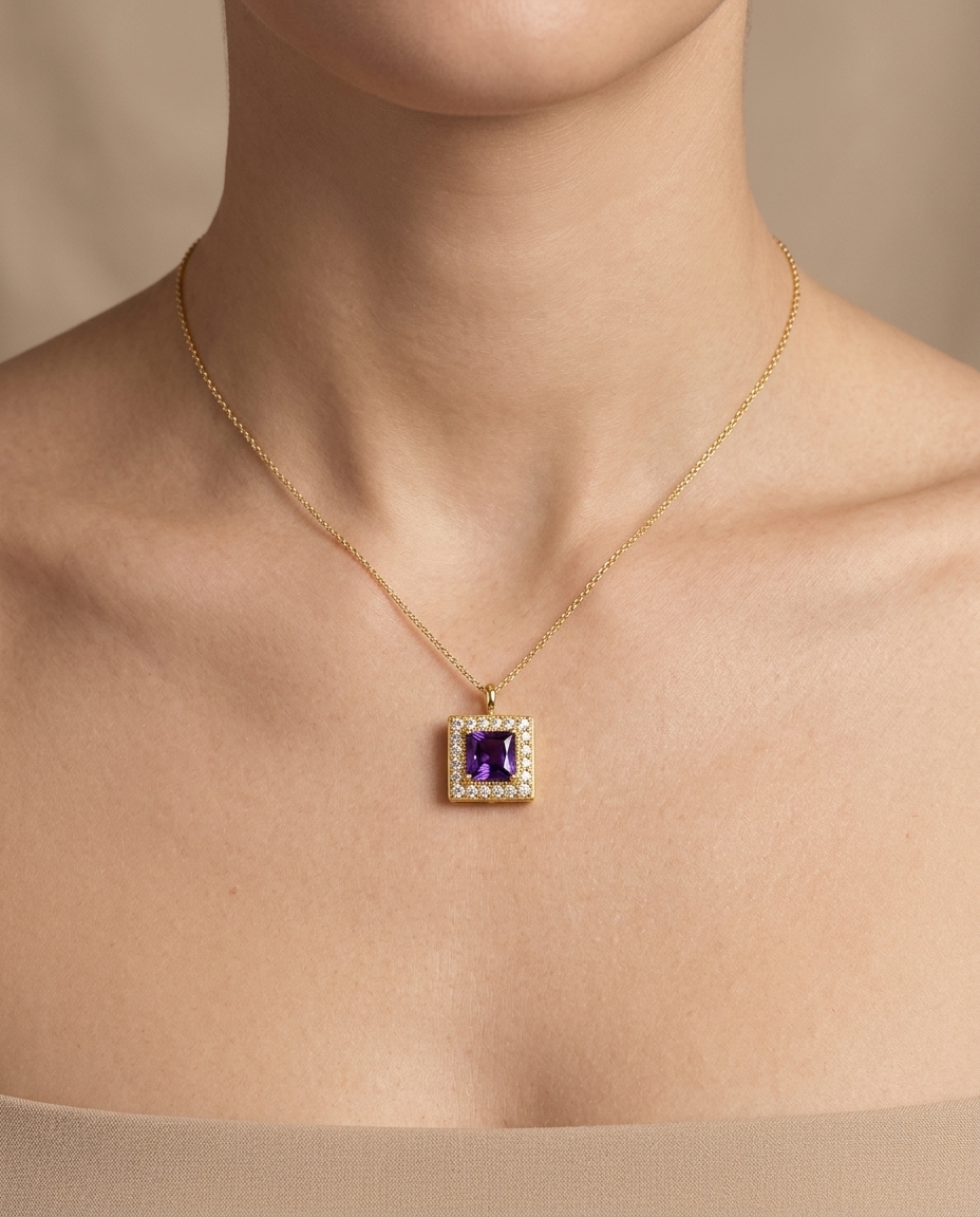 14KT Yellow Gold Amethyst Square Pendant view 2