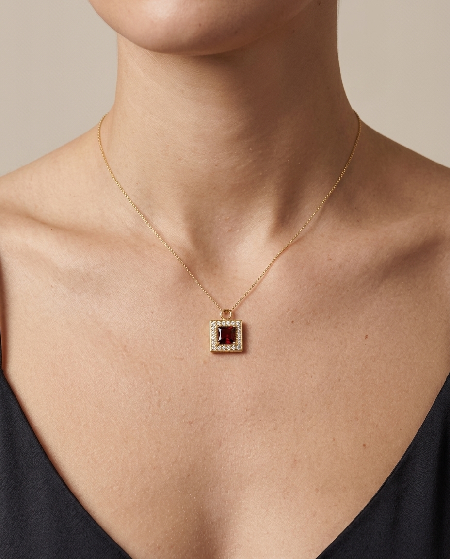 14KT Yellow Gold Garnet Square Pendant view 2