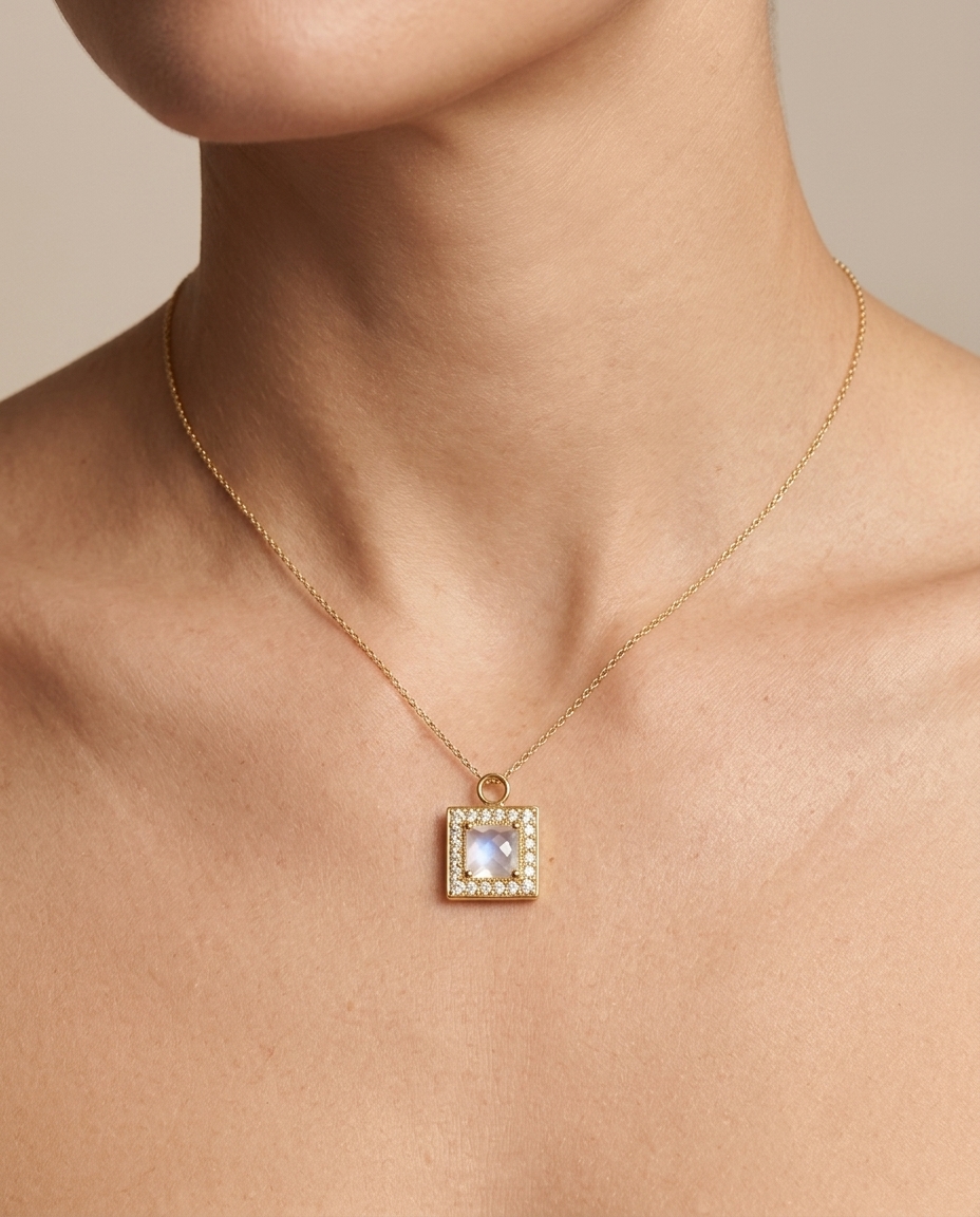 14KT Yellow Gold Faceted Moonstone Square Pendant view 2