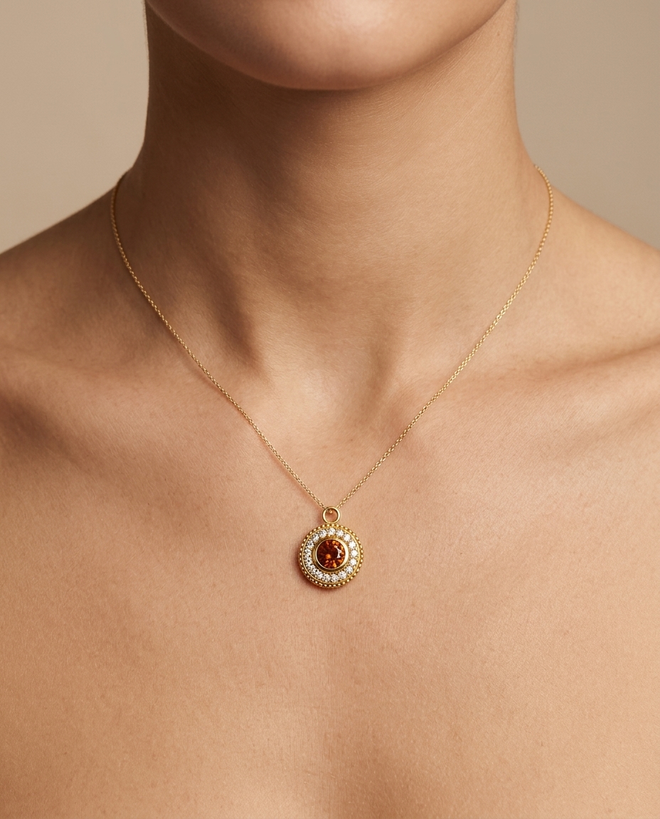 14KT Yellow Gold Orange Sapphire Circle Pendant view 2
