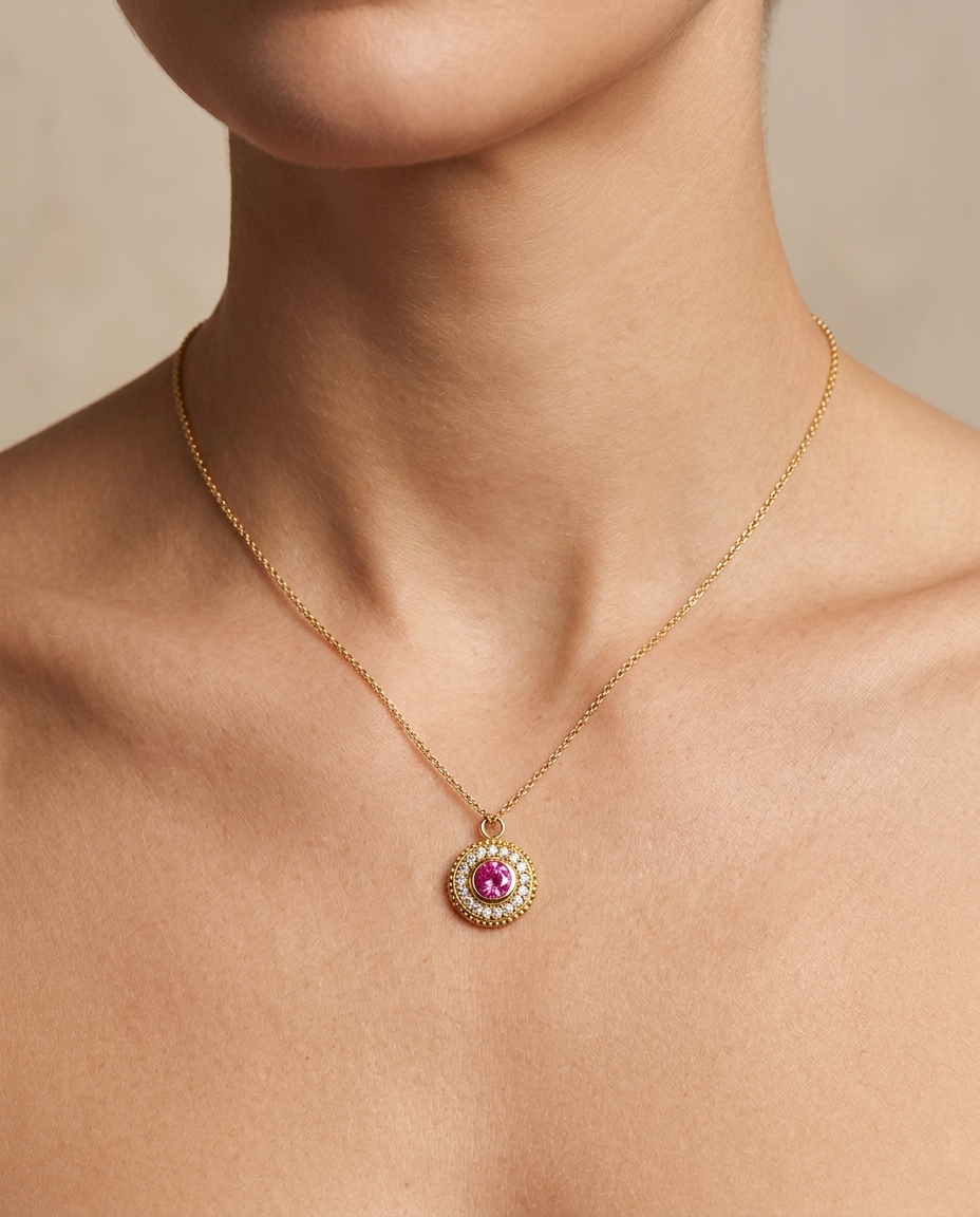 14KT Yellow Gold Pink Sapphire Circle Pendant on model