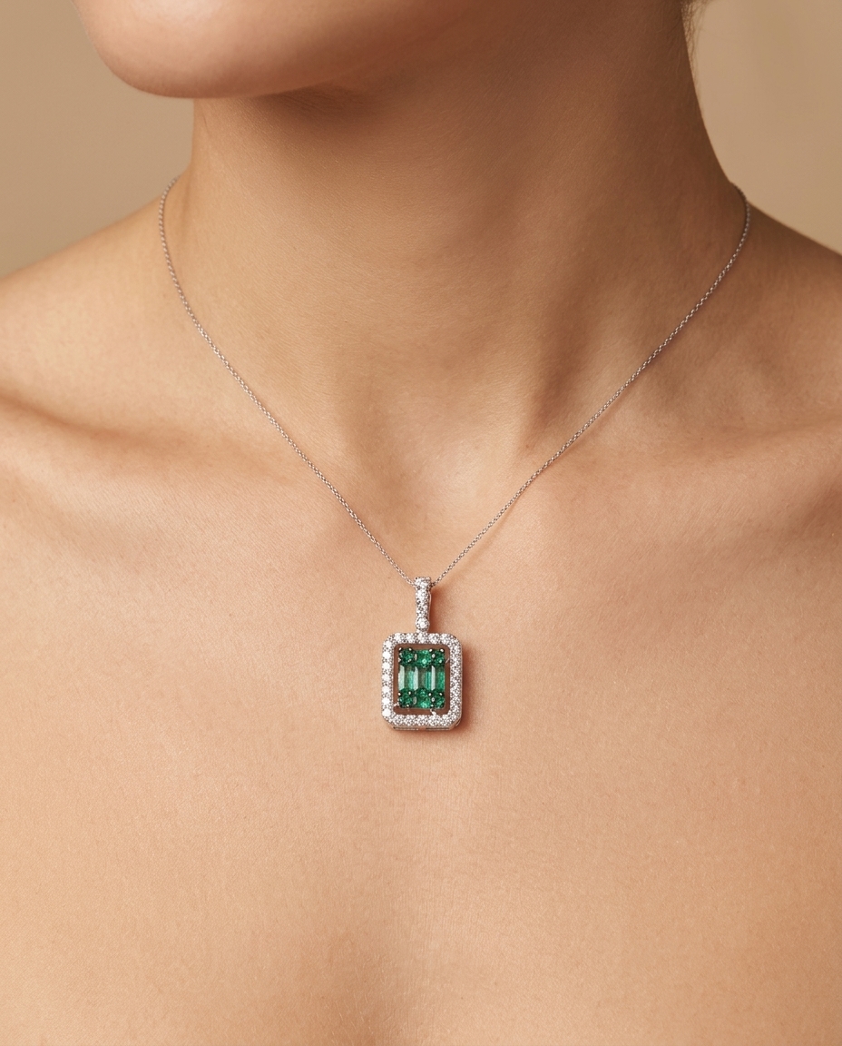 18KT Gold Emerald and Diamond Pendant on model