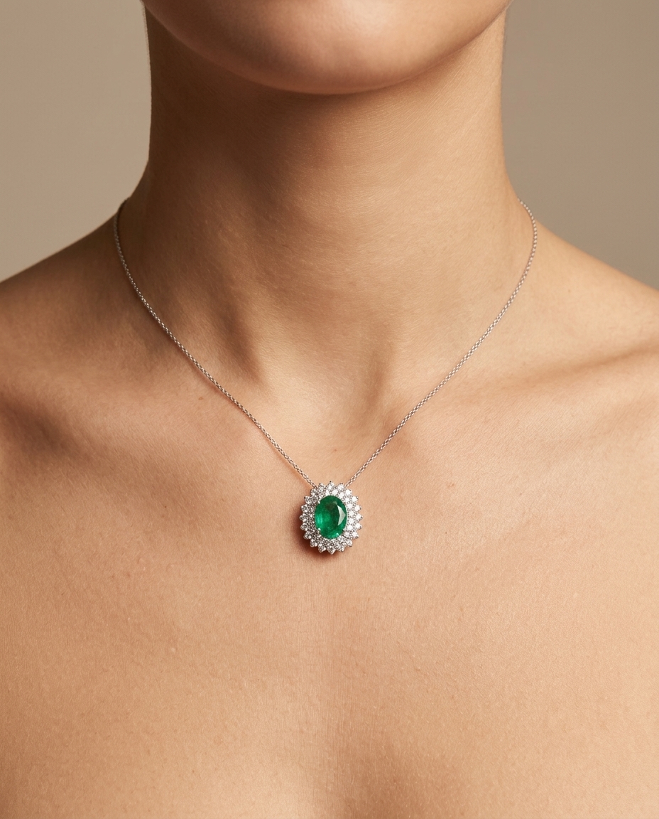 18KT White Gold Diamond and Emerald Pendent view 2
