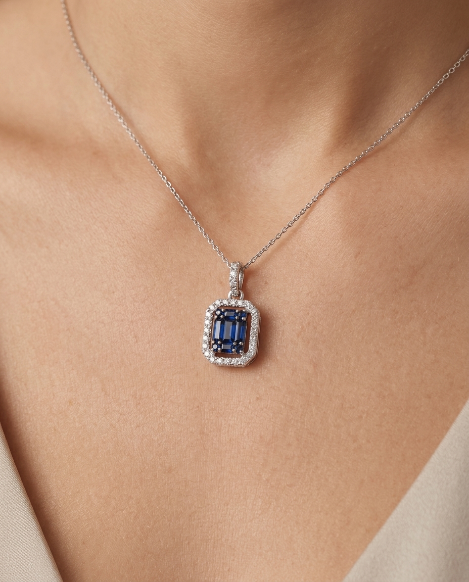 18KT White Gold Diamond and Sapphire Pendent on model