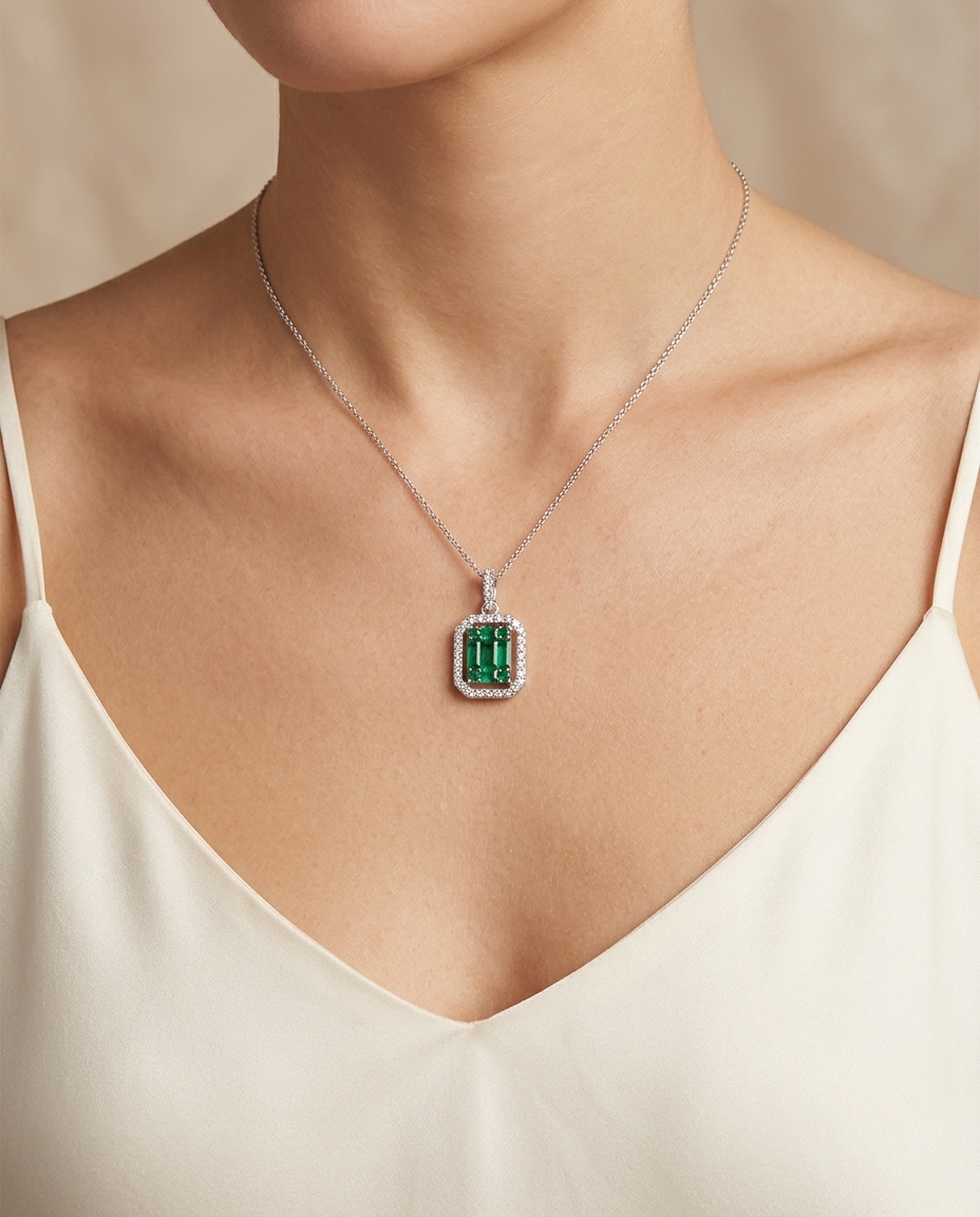 18KT Gold Diamond and Emerald Pendent on model