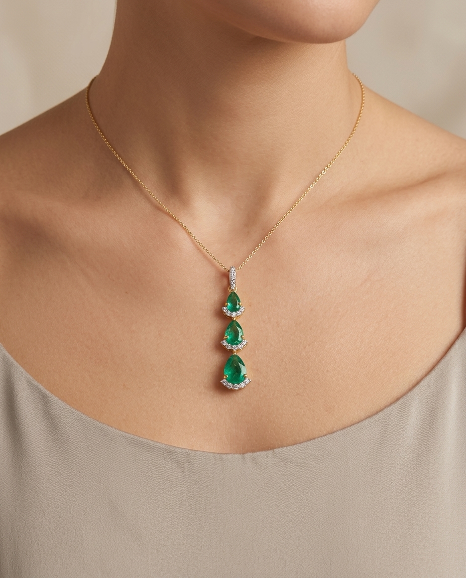 18KT Yellow Gold Diamond and Emerald Pendent on model