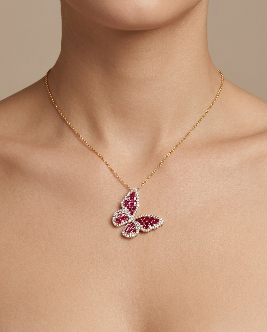 14KT Gold Butterfly Ruby and Diamond Pendant Necklace on model