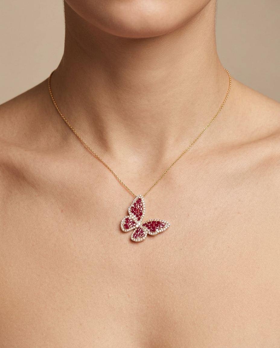 14KT Gold Butterfly Ruby and Diamond Pendant Necklace view 2