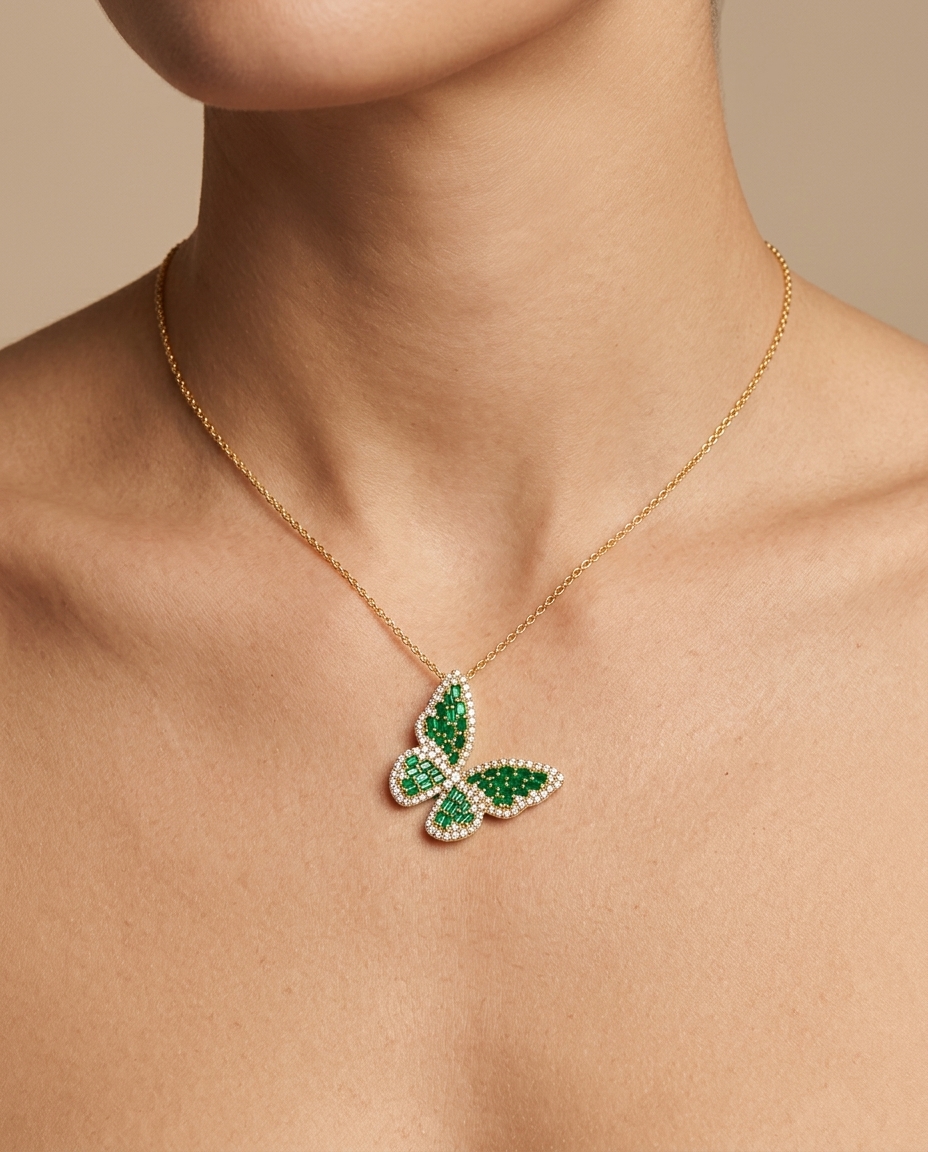 14KT Gold Butterfly Emerald and Diamond Necklace view 2
