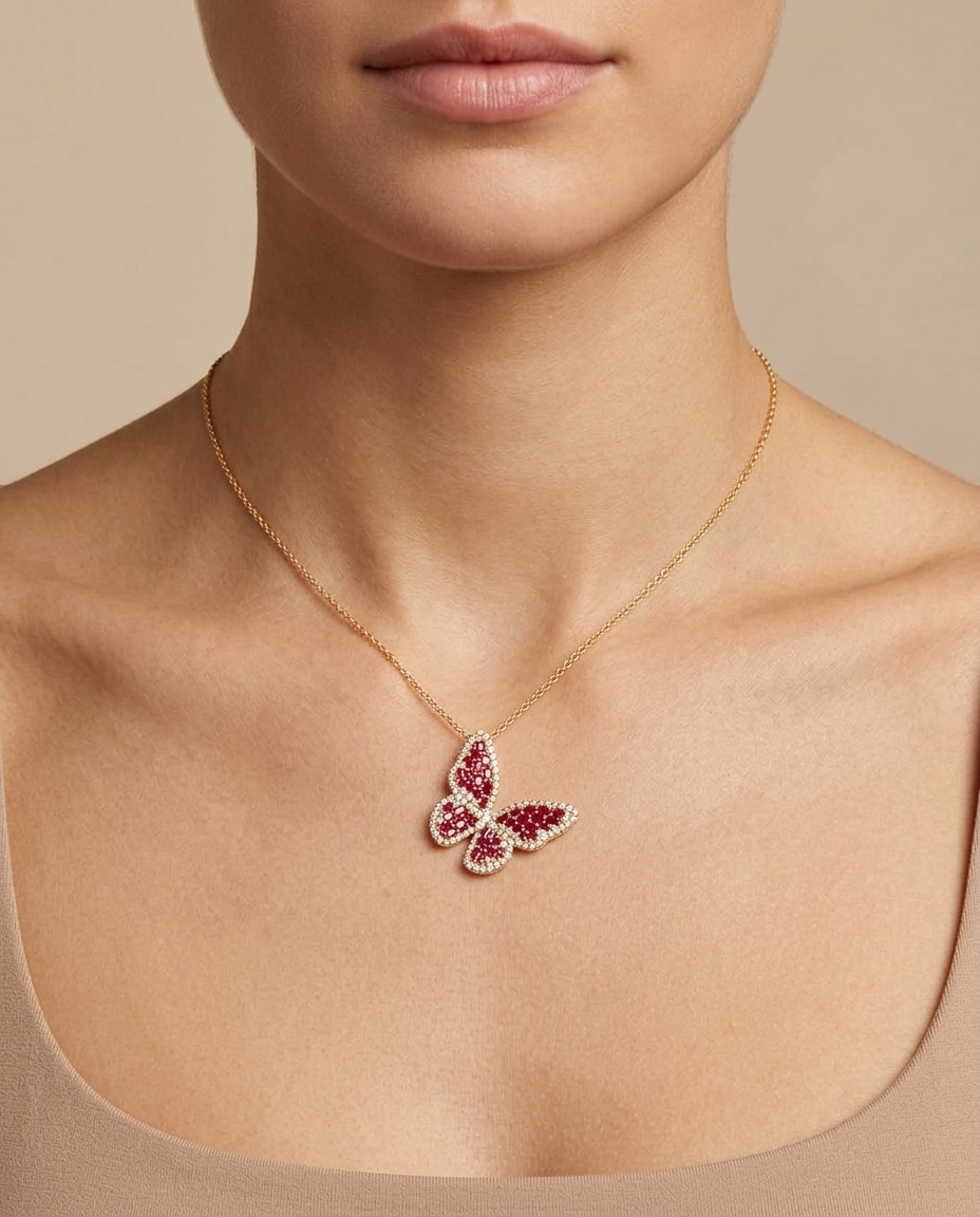 14KT Gold Butterfly Ruby and Diamond Pendant Necklace view 2