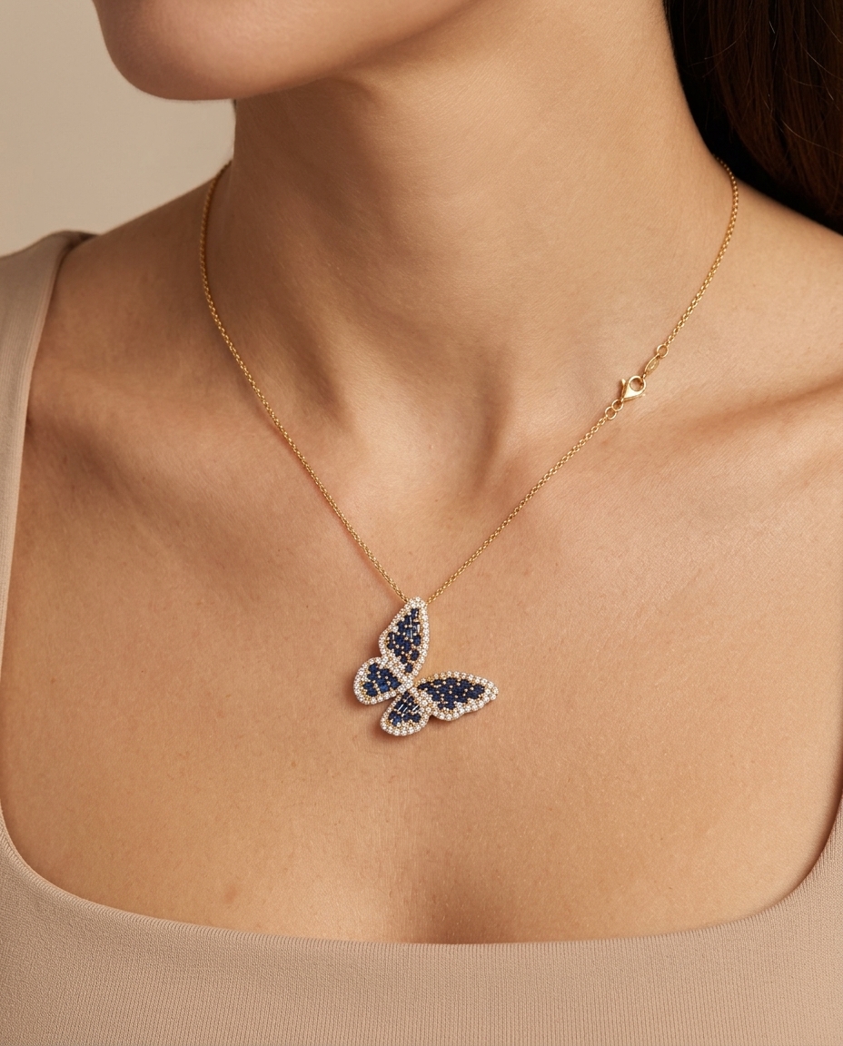 14KT Gold Butterfly Blue Sapphire and Diamond Necklace view 2
