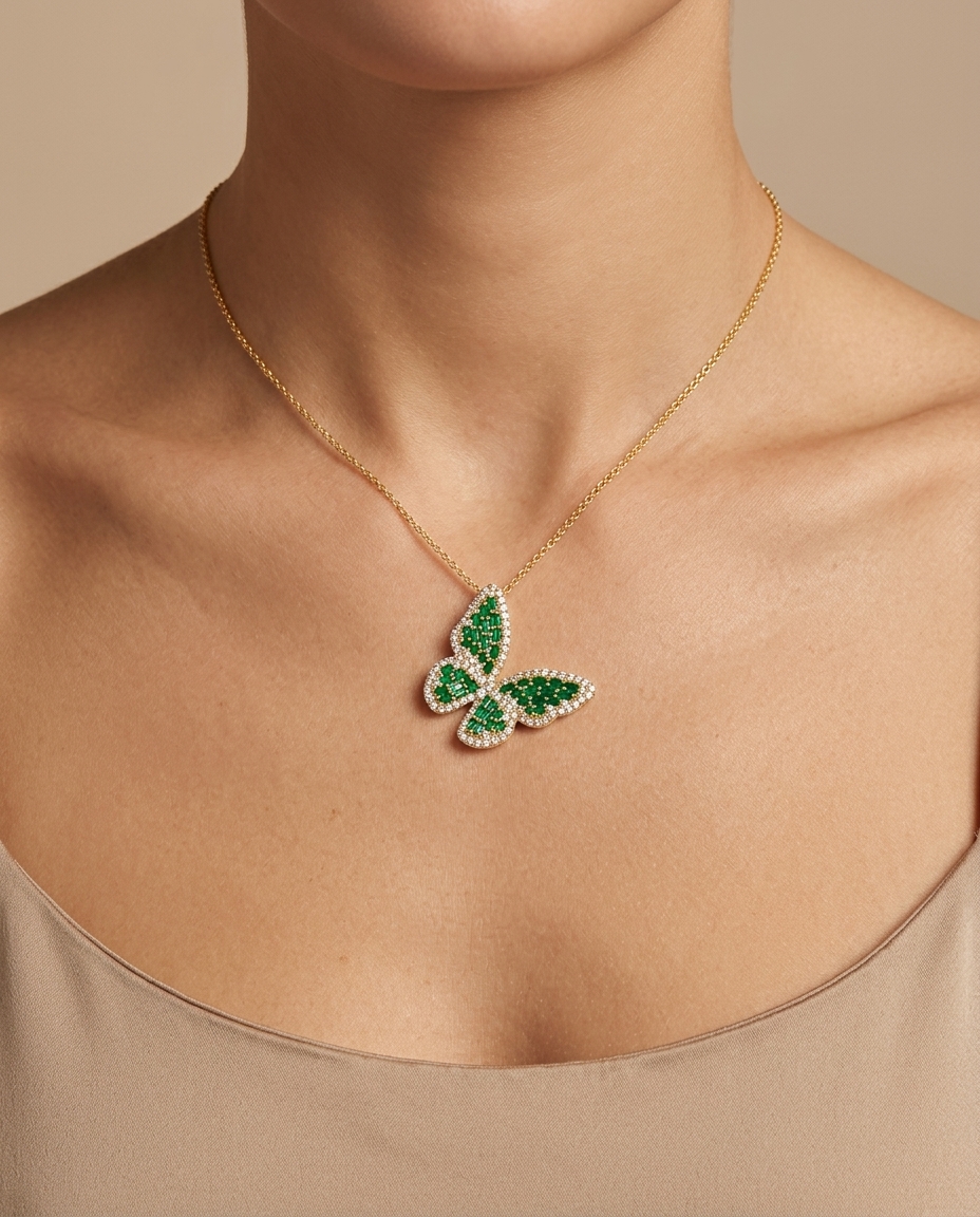 14KT Gold Butterfly Emerald and Diamond Necklace on model