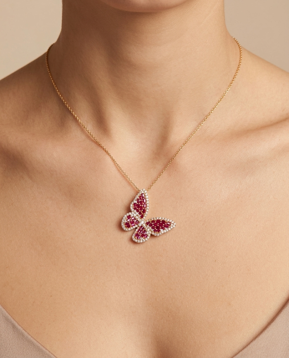 14KT Gold Butterfly Ruby and Diamond Pendant Necklace on model
