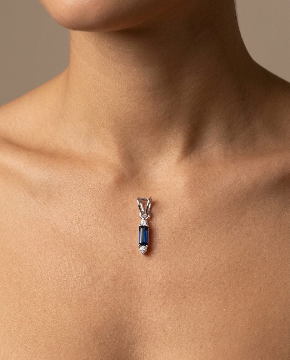 18KT White Gold Diamond and Sapphire Pendent view 2